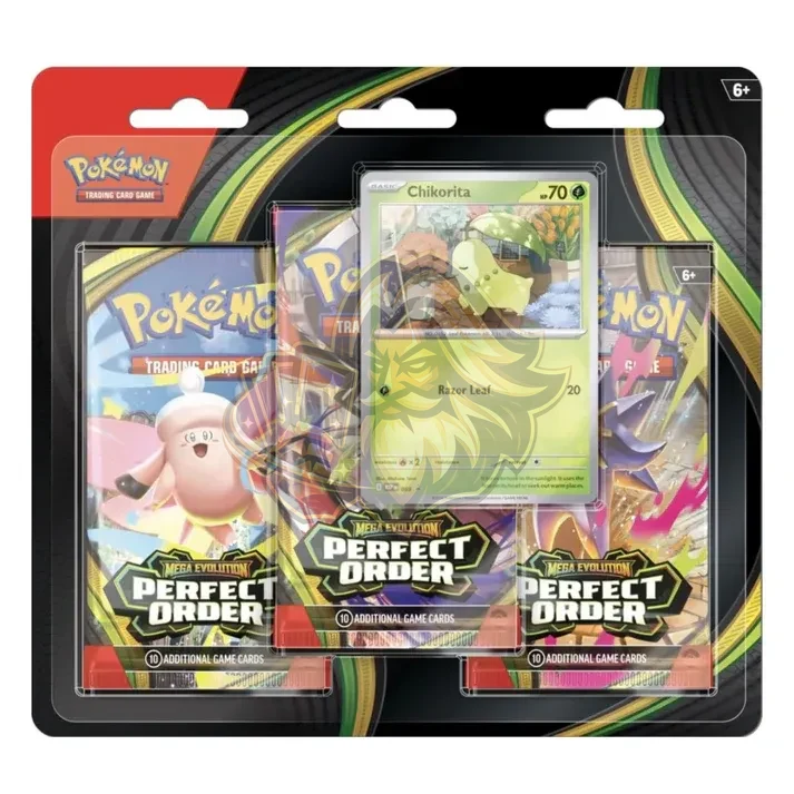 Mega Evolution Perfect Order – 3 Pack Blister (Chikorita) - Inglés